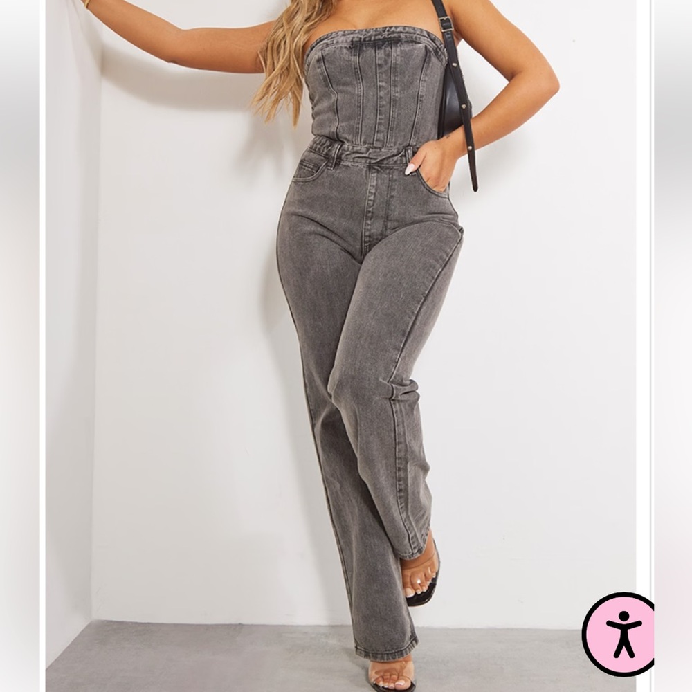 WASHED CHARCOAL BANDEAU DENIM JUMPSUIT pretty little thing